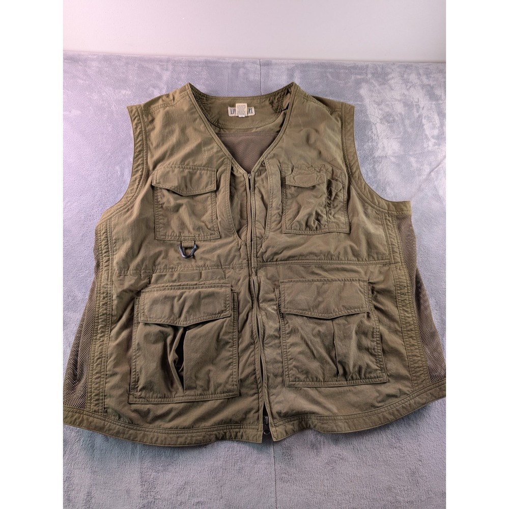 Duluth Trading Co Mens 2XL Fishing Vest Olive Green Ripstop Mesh Utility Pockets